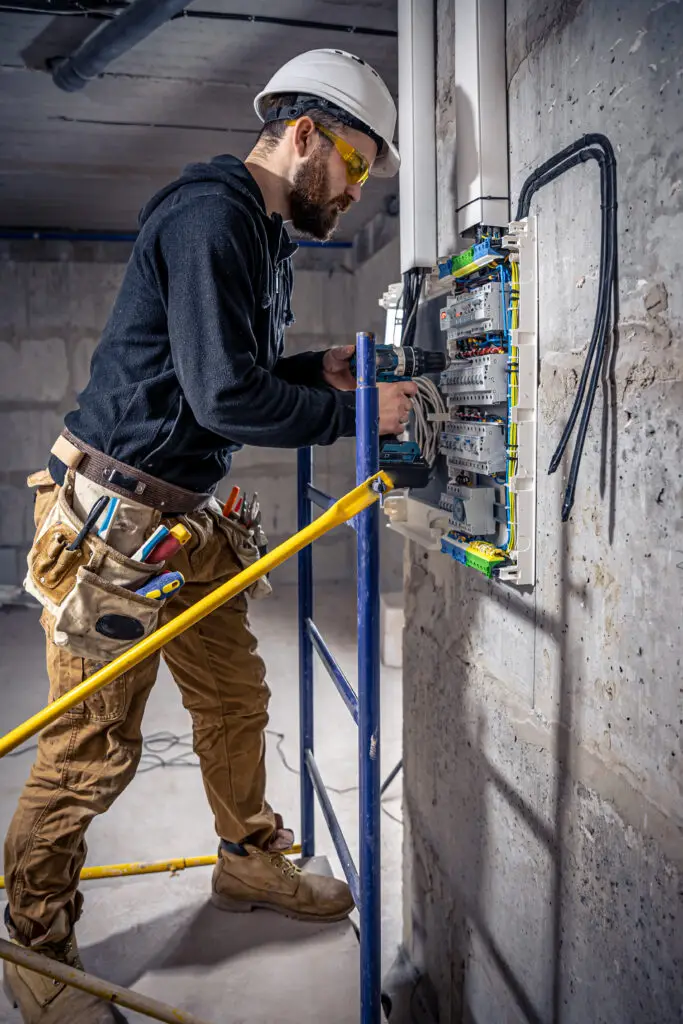 A male electrician works in a switchboard